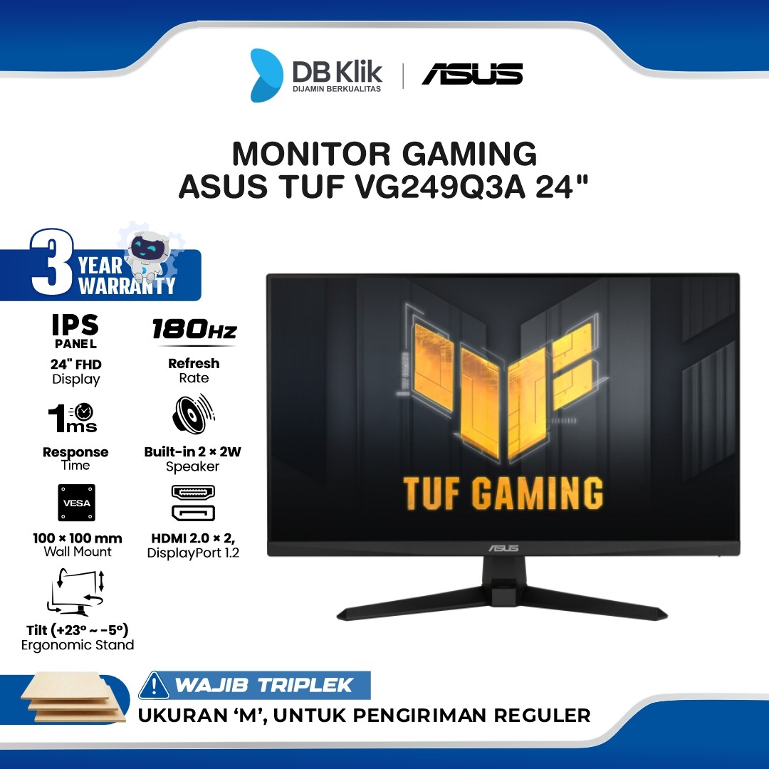 Monitor Gaming ASUS TUF VG249Q3A 24" FHD IPS 180Hz 1ms AMD Freesync Built in Speaker HDMI DP