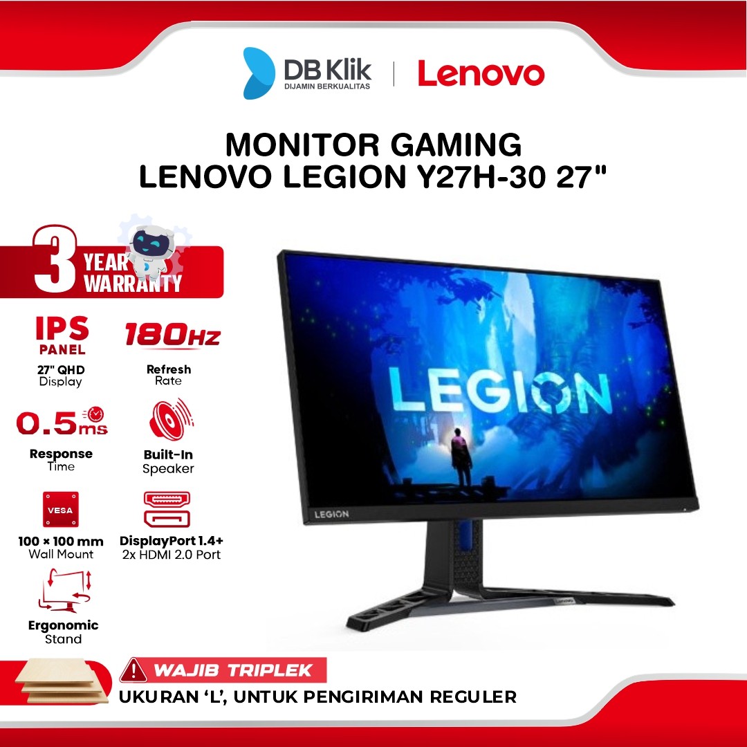 Monitor Gaming LENOVO Legion Y27h-30 27" 2K QHD IPS 180Hz 0.5ms AMD FreeSync Adaptive Sync Built in Speaker Full Ergonomic Stand USB-C HDMI DP
