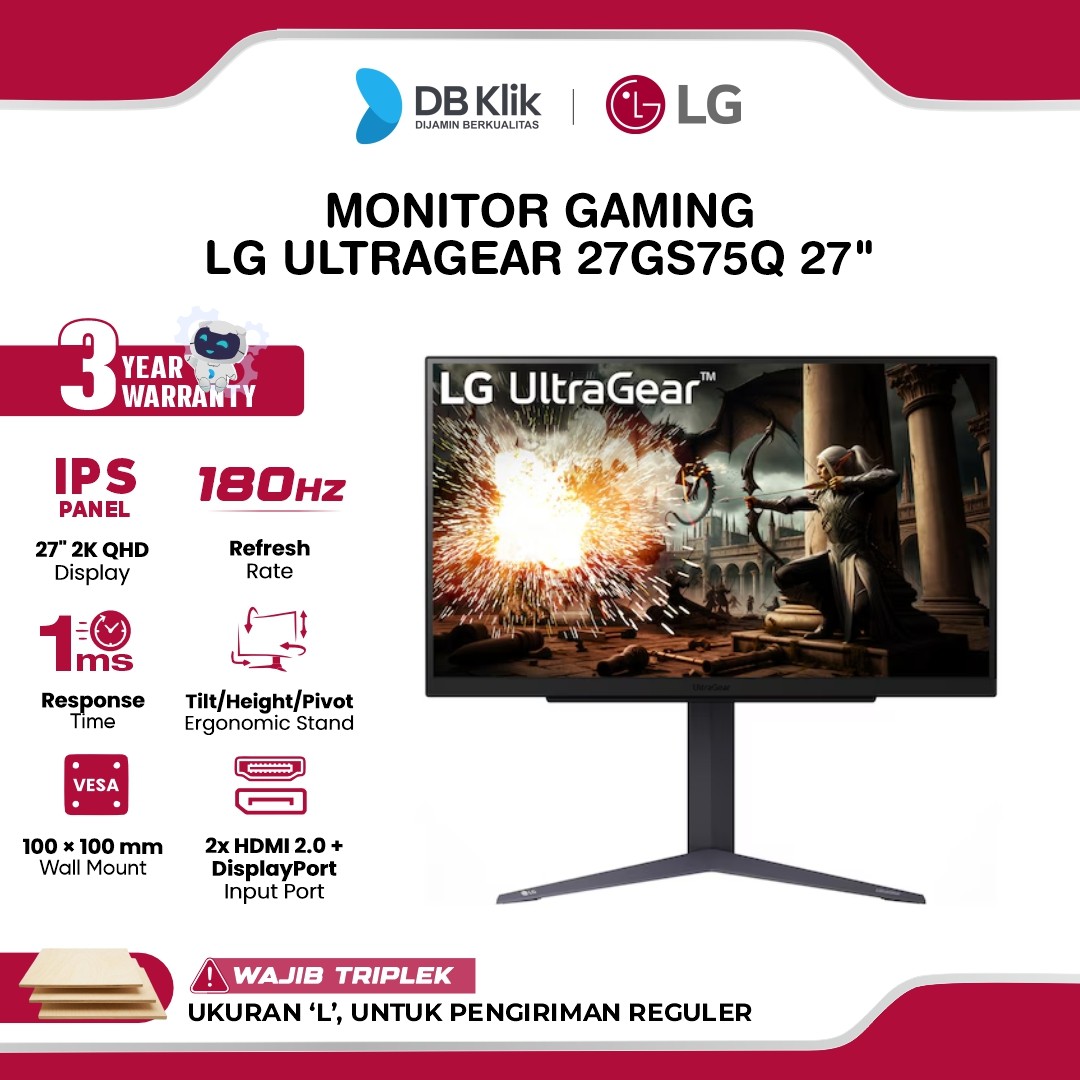 Monitor Gaming LG UltraGear 27GS75Q 27" 2K QHD IPS 180Hz 1ms AMD FreeSync + NVIDIA G-Sync Full Ergonomic Stand HDR10 HDMI DP