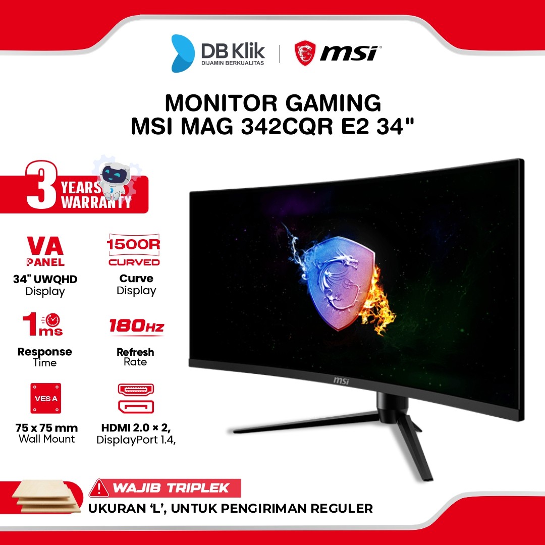 Monitor Gaming MSI MAG 342CQR E2 34" Curved 1500R 2K UWQHD VA 180Hz 1ms Adaptive Sync HDMI DP