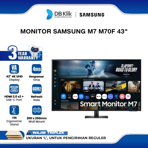 Monitor Samsung M7 M70F 43" 4K UHD VA 60Hz 4ms HDR10 Built in Speaker HDMI USB-C