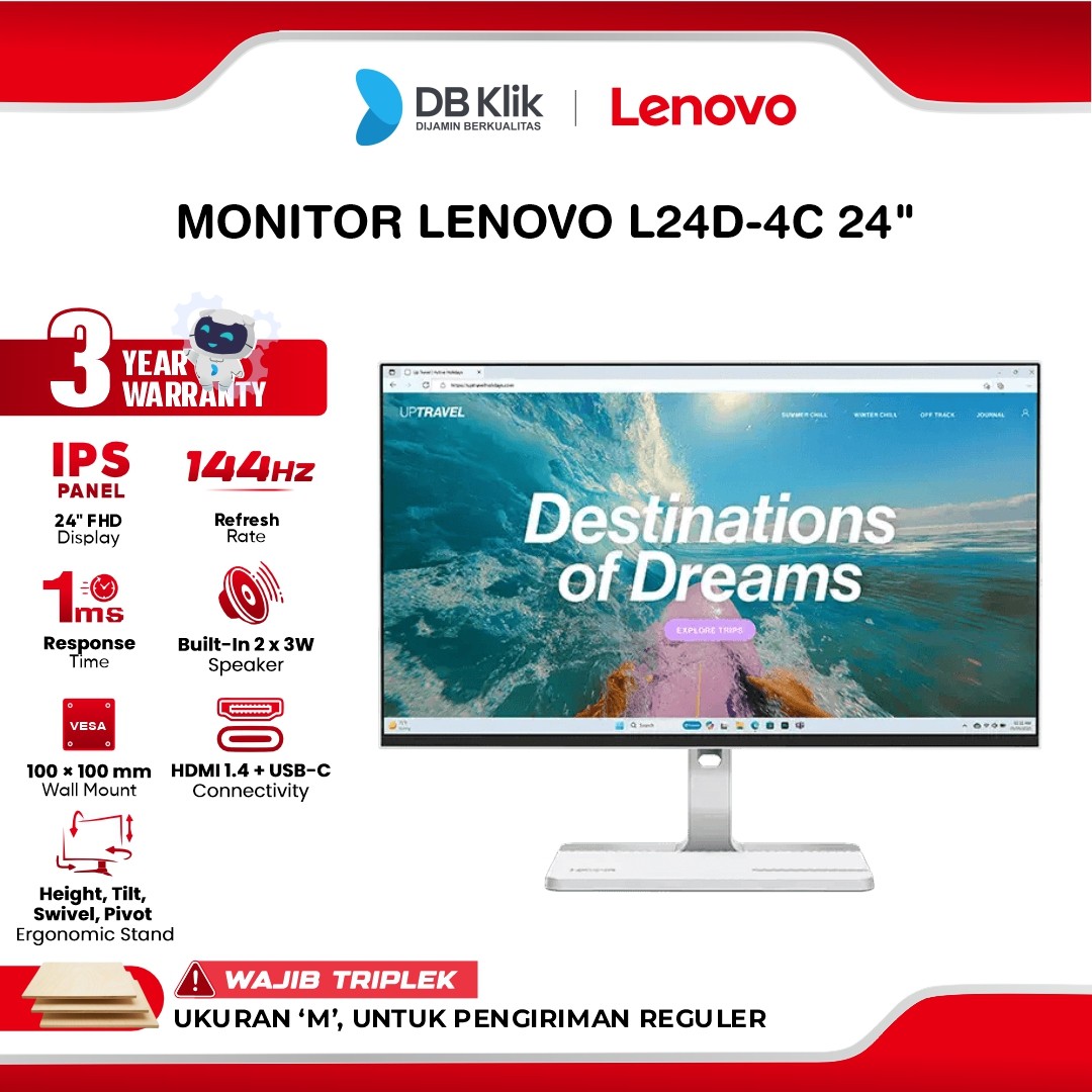 Monitor LED Lenovo L24D-4C 24" IPS FHD 144Hz 1ms AMD FreeSync Built in Speaker Full Ergonomic Stand HDMI USB-C
