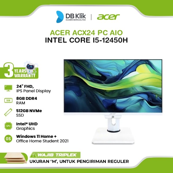 Acer ACX24 PC AIO INTEL Core i5-12450H 8GB DDR4/512GB M.2 NVMe INTEL UHD Windows 11 Home + Microsoft Office Home Student 2021 24" FHD - White