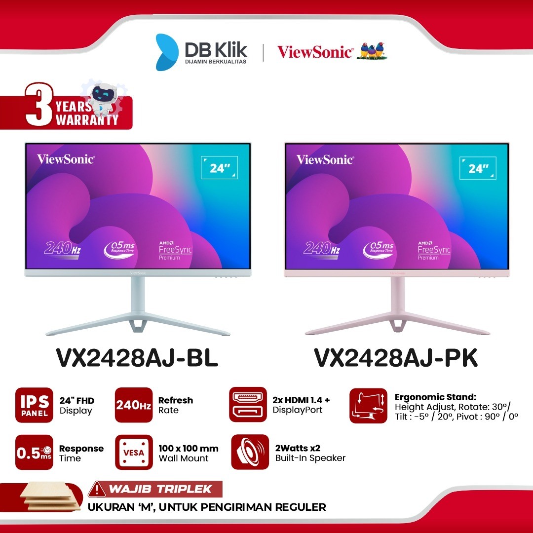 Monitor Gaming VIEWSONIC VX2428AJ-BL | VX2428AJ-PK 24" IPS FHD 240Hz 0.5ms AMD FreeSync + NVIDIA G-Sync HDR10 Built in Speaker Full Ergonomic Stand HDMI DP