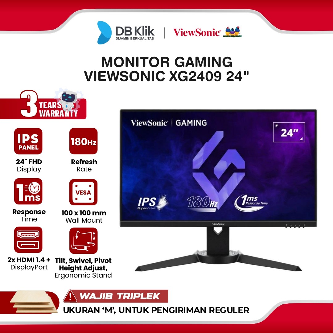 Monitor Gaming VIEWSONIC XG2409 24" FHD IPS 180Hz 1ms AMD FreeSync + NVIDIA G-Sync HDR10 Full Ergonomic Stand HDMI DP