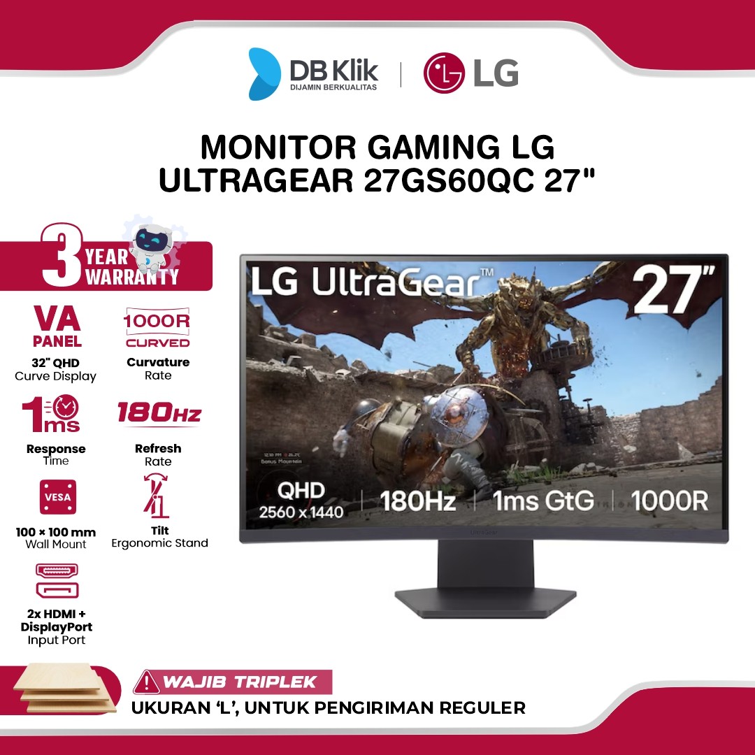 Monitor Gaming LG UltraGear 27GS60QC 27" Curved 1000R 2K QHD VA AMD FreeSync HDMI DP