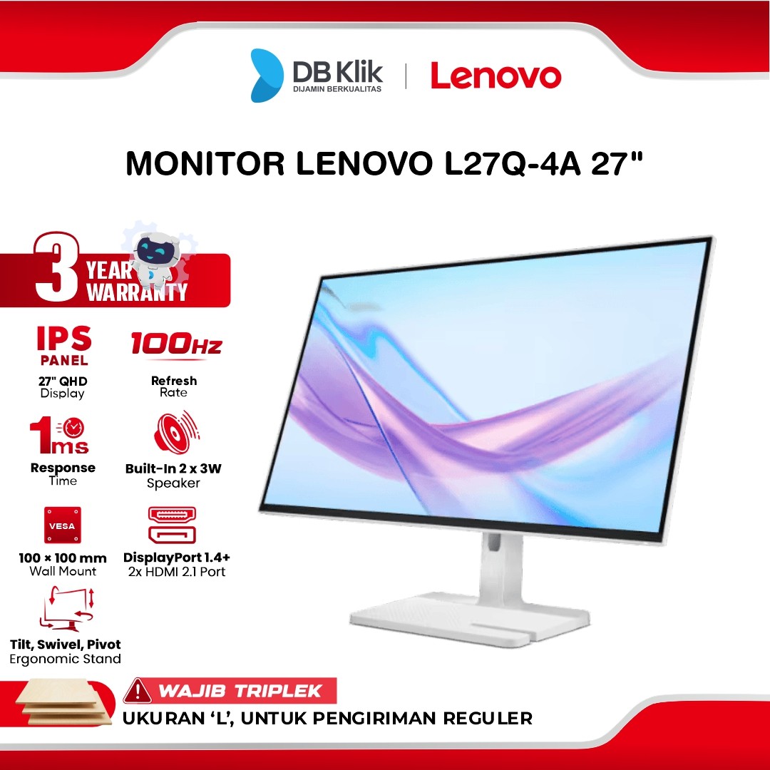 Monitor LENOVO L27Q-4A 27" 2K QHD IPS 100Hz 1ms Adaptive Sync Built in Speaker Full Ergonomic Stand HDMI DP