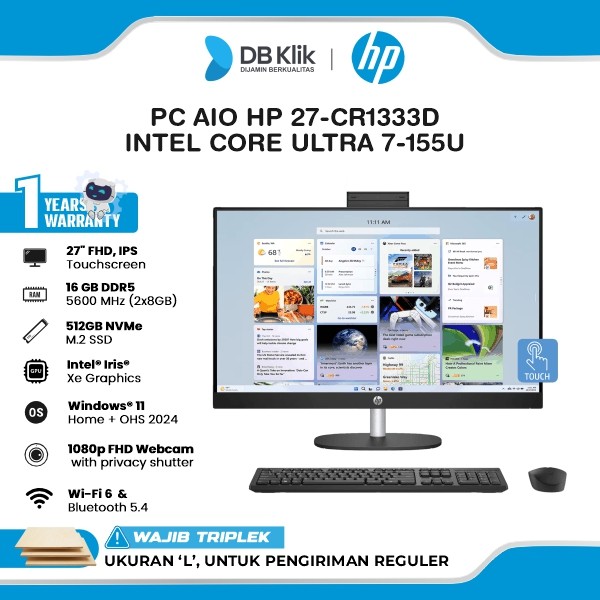 HP 27-CR1333D PC AIO INTEL Core Ultra 7-155U 16GB DDR5/1TB M.2 NVMe INTEL Iris Xe Windows 11 Home + Microsoft Office Home Student 2024 27" FHD IPS Touchscreen