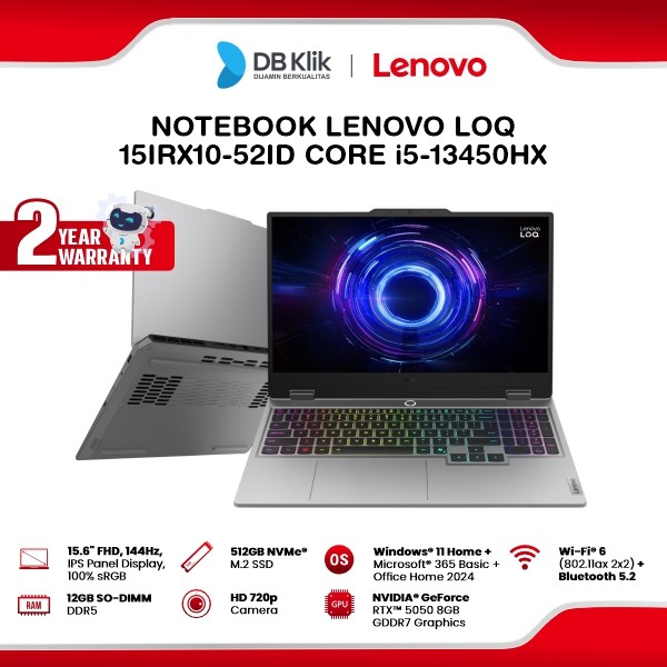 Notebook Lenovo LOQ 15IRX10-52ID Intel Core i5-13450HX 12GB DDR5/512GB M.2 NVMe NVIDIA GeForce RTX 5050 8GB GDDR7 Windows 11 Home + Microsoft Office Home Student 2024 15.6" IPS FHD - Luna Grey