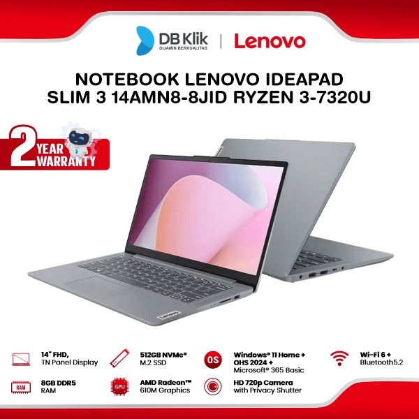 Notebook Lenovo IdeaPad Slim 3 14AMN8-8JID AMD Ryzen 3-7320U 8GB DDR5/512GB M.2 NVMe AMD Radeon 610M Windows 11 Home + Microsoft Office Home Student 2024 14" FHD - Arctic Grey