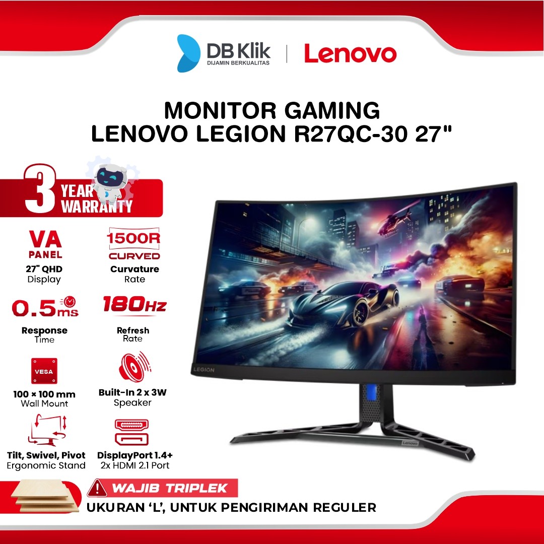 Monitor Gaming LENOVO Legion R27qc-30 27" Curve 1500R 2K QHD VA 180Hz 0.5ms AMD FreeSync HDR10 Built in Speaker Full Ergonomic Stand HDMI DP