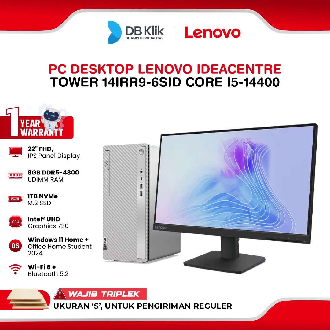 PC Desktop Lenovo IdeaCentre Tower 14IRR9-6SID INTEL Core i5-14400 8GB DDR5/1TB M.2 NVMe INTEL UHD Windows 11 Home + Microsoft Office Home Student 2024 With Monitor L22-4e 22" FHD IPS - Cloud Grey