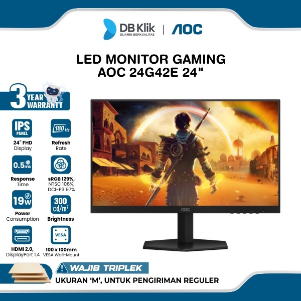 LED Monitor Gaming AOC 24G42E 24" IPS FHD 180Hz 0.5ms Adaptive Sync HDMI DP