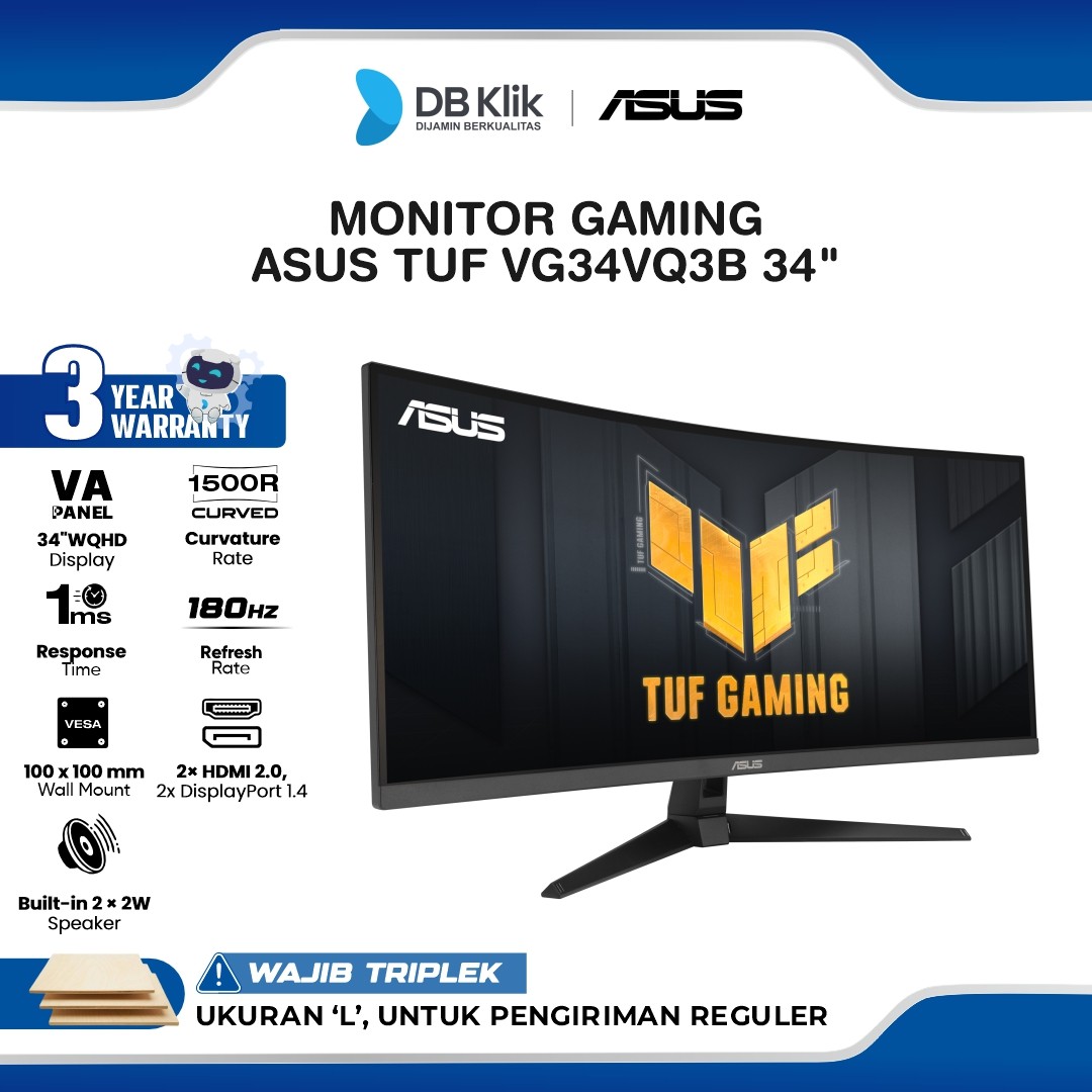 Monitor Gaming ASUS TUF VG34VQ3B 34" Curved 1500R WQHD VA 180Hz  1ms AMD FreeSync Premium HDR400 Built in Speaker HDMI DP