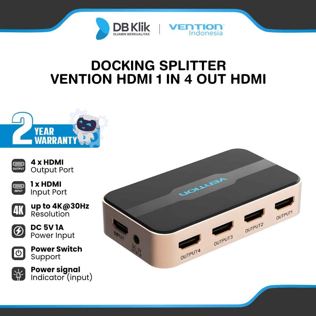 Docking Splitter Vention HDMI 1 in 4 out HDMI Duplicate Screen 4K 30Hz - Splitter HDMI 1 in 4 out Gold Aluminium Alloy ACCG0-EU