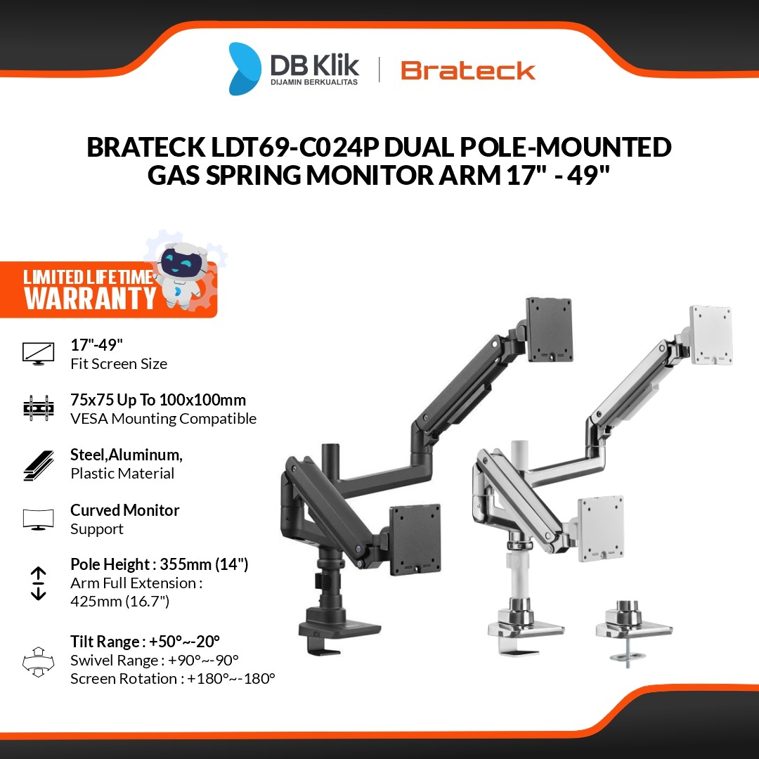 Brateck LDT69-C024P Bracket Monitor Dual Pole-Mounted Gas Spring Monitor Arm for 17" - 49"