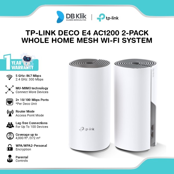 TP Link DECO E4 AC1200 Whole Home Mesh Wi-Fi System - TPLink DECO E4 - 2-PACK