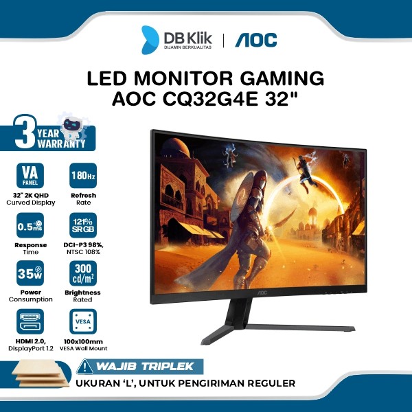 AOC CQ32G4E LED Monitor Gaming 32" Fast VA 2K QHD Curved 1500R 180Hz 0.5ms Adaptive Sync HDMI DP