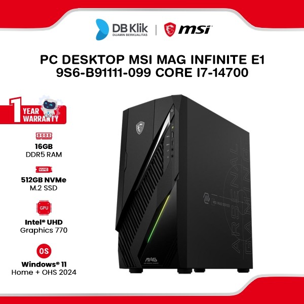 MSI MAG INFINITE E1 9S6-B91111-099 PC Desktop INTEL Core I7-14700 16GB DDR5/512GB M.2 NVMe INTEL UHD Windows 11 Home + Microsoft Office Home Student 2024