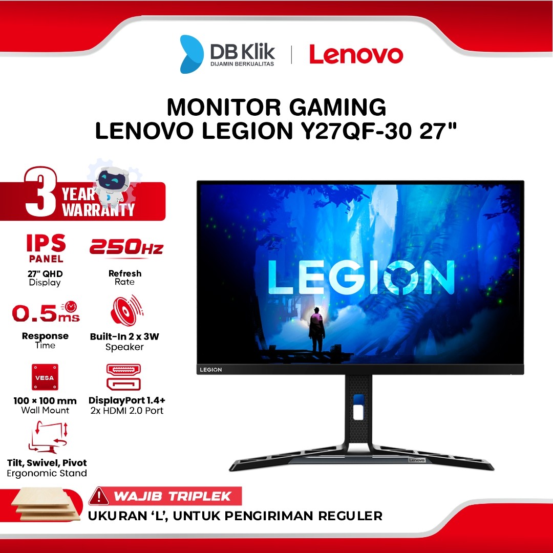 Monitor Gaming LENOVO Legion Y27qf-30 27" 2K QHD IPS 250Hz 0.5ms AMD FreeSync Adaptive Sync Built In Speaker Full Ergonomic Stand HDMI DP