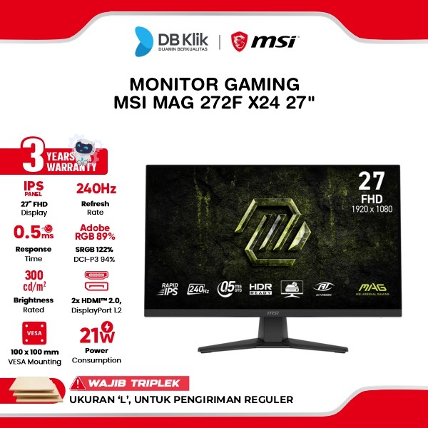 Monitor Gaming MSI MAG 272F X24 27" FHD Rapid IPS 240Hz 0.5ms AMD FreeSync HDR Ready HDMI DP