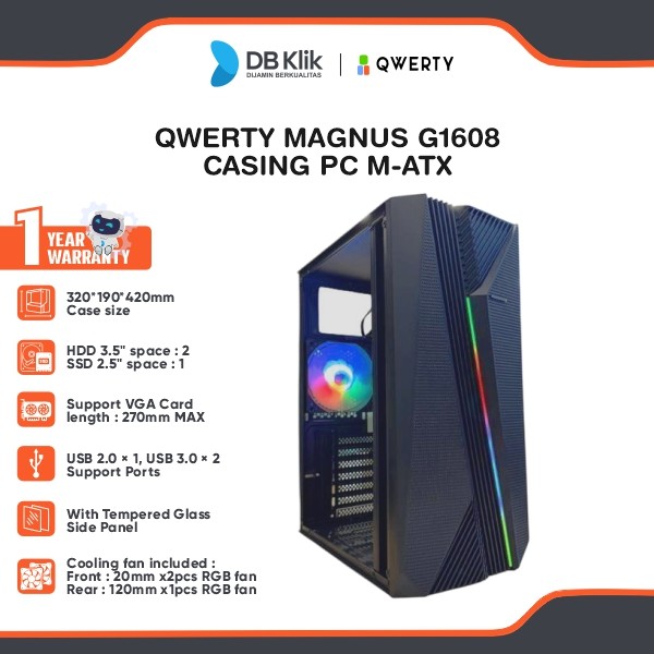 QWERTY MAGNUS G1608 Casing PC M-ATX 3 RGB Fan Included
