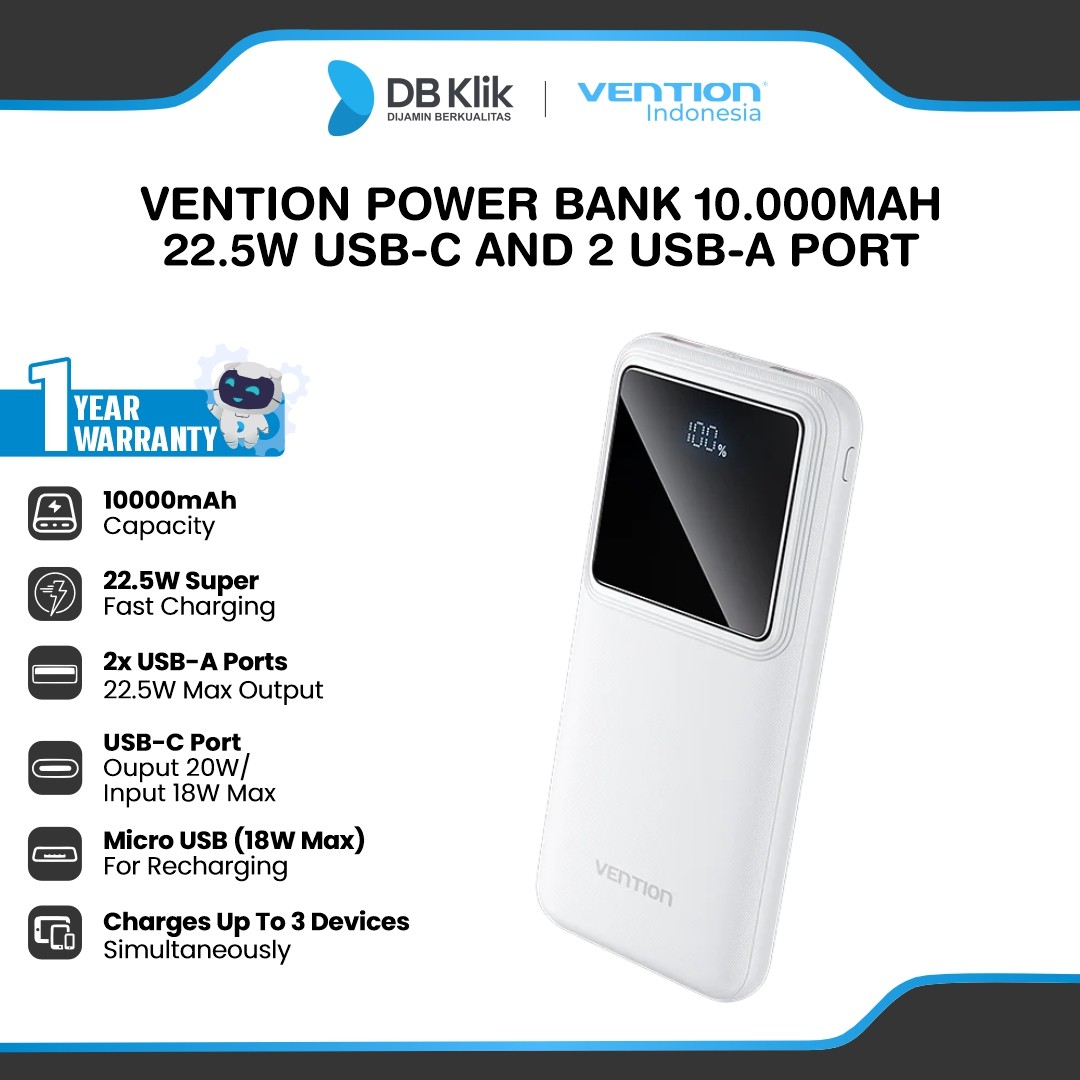 Vention Power Bank 10.000mAh 22.5W USB-C and 2 USB-A Port with LED Display (FHKB0)