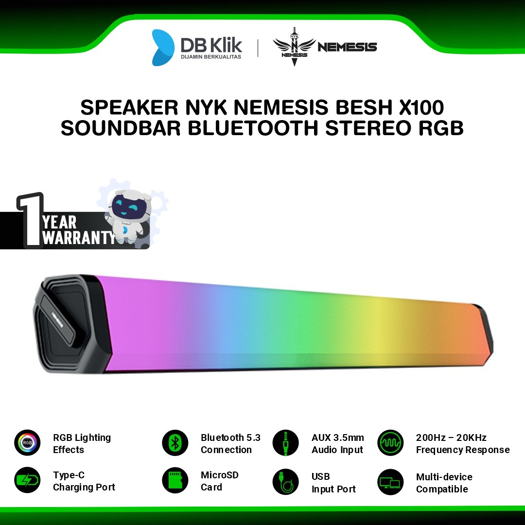 Speaker NYK Nemesis BESH X100 Soundbar Bluetooth Stereo RGB Rechargeable