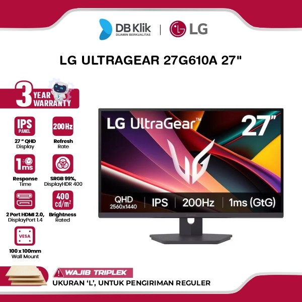 LG UltraGear 27G610A 27" IPS QHD 200Hz 1ms AMD FreeSync + NVIDIA G-Sync HDR400 Full Ergonomic Stand HDMI DP