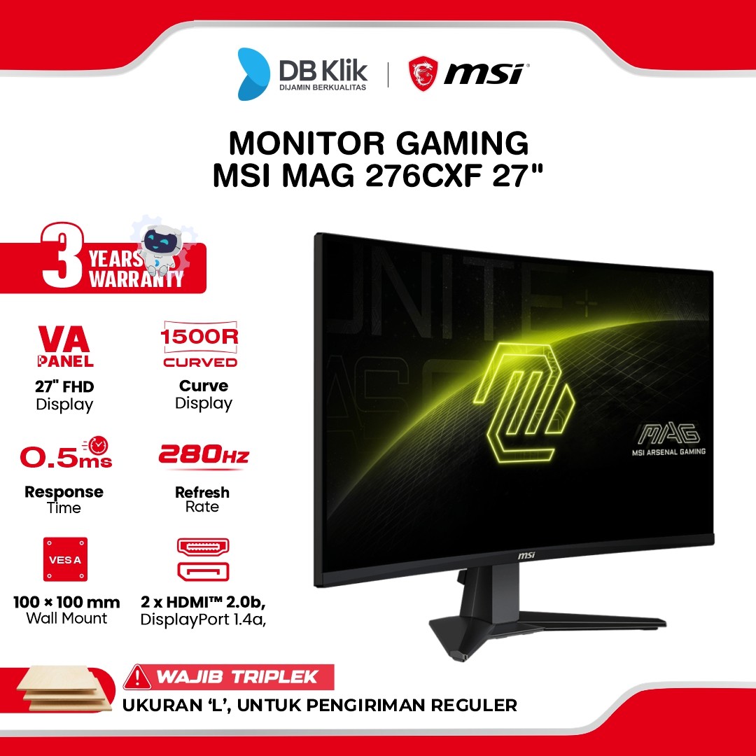 Monitor Gaming MSI MAG 276CXF 27" Curved 1500R FHD Rapid VA 280Hz 0.5ms Adaptive Sync HDR Ready HDMI DP