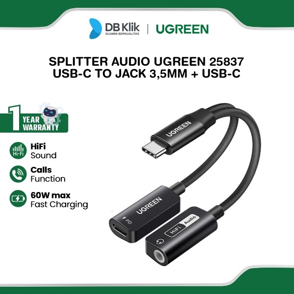 Splitter Auidio UGreen DAC Hi-Res Usb-C To Jack 3,5mm Female + Usb-C PD 60W (25837)