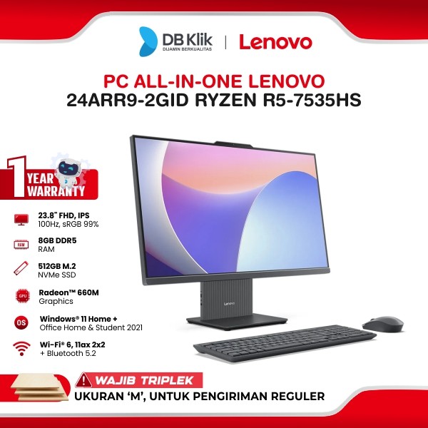 PC AIO Lenovo 24ARR9-2GID Amd Ryzen R5-7535HS 8GB 512GB Ssd No Dvd Windows 11 Home + Office Home Student 2021 24" FHD IPS Luna Grey