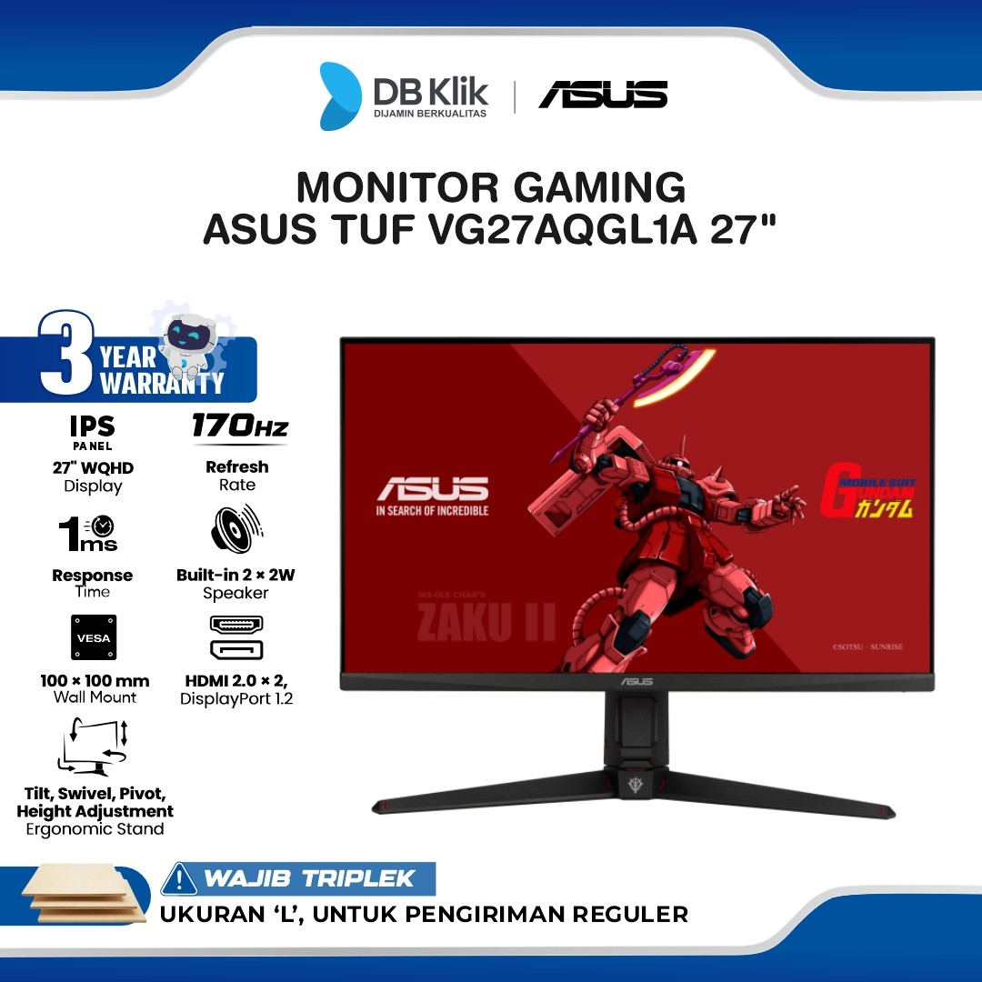 Monitor Gaming ASUS TUF VG27AQGL1A Gundam Zaku Limited Edition 27" 2K WQHD IPS 170Hz 1ms Adaptive Sync + AMD FreeSync Built in Speaker Full Ergonomic Stand HDMI DP