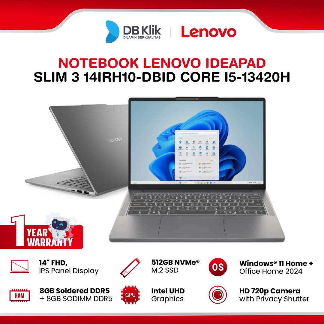 Notebook LENOVO Ideapad Slim 3 14IRH10-DBID INTEL Core i5-13420H 16GB DDR5/512 M.2 NVMe INTEL UHD Windows 11 Home + Microsoft Office Home Student 2024 14" FHD IPS - Luna Grey