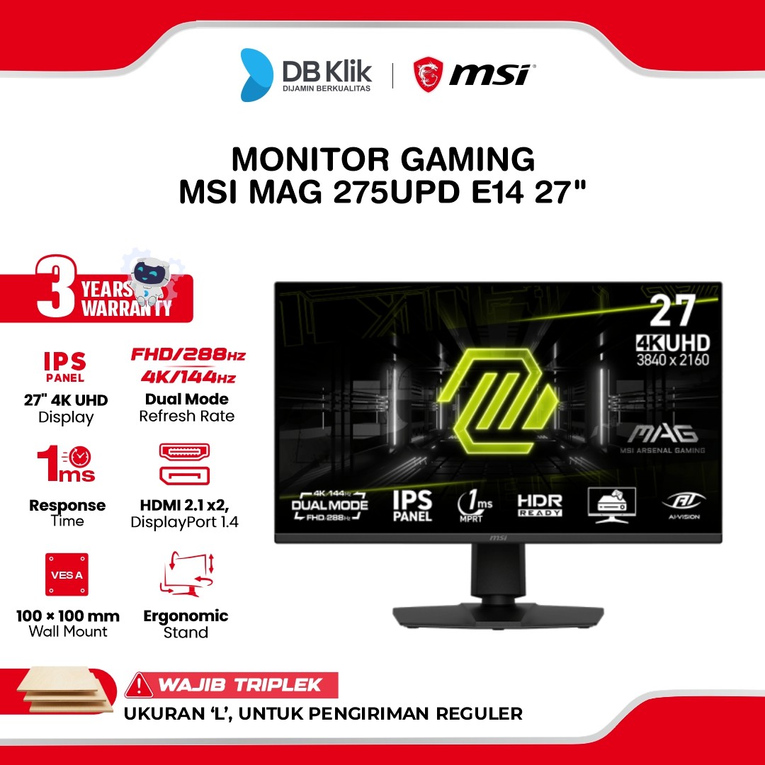 Monitor Gaming MSI MAG 275UPD E14 27" Dual Mode 4K UHD 144Hz | FHD 288Hz IPS 1ms Adaptive Sync HDR Ready Full Ergonomic Stand HDMI DP