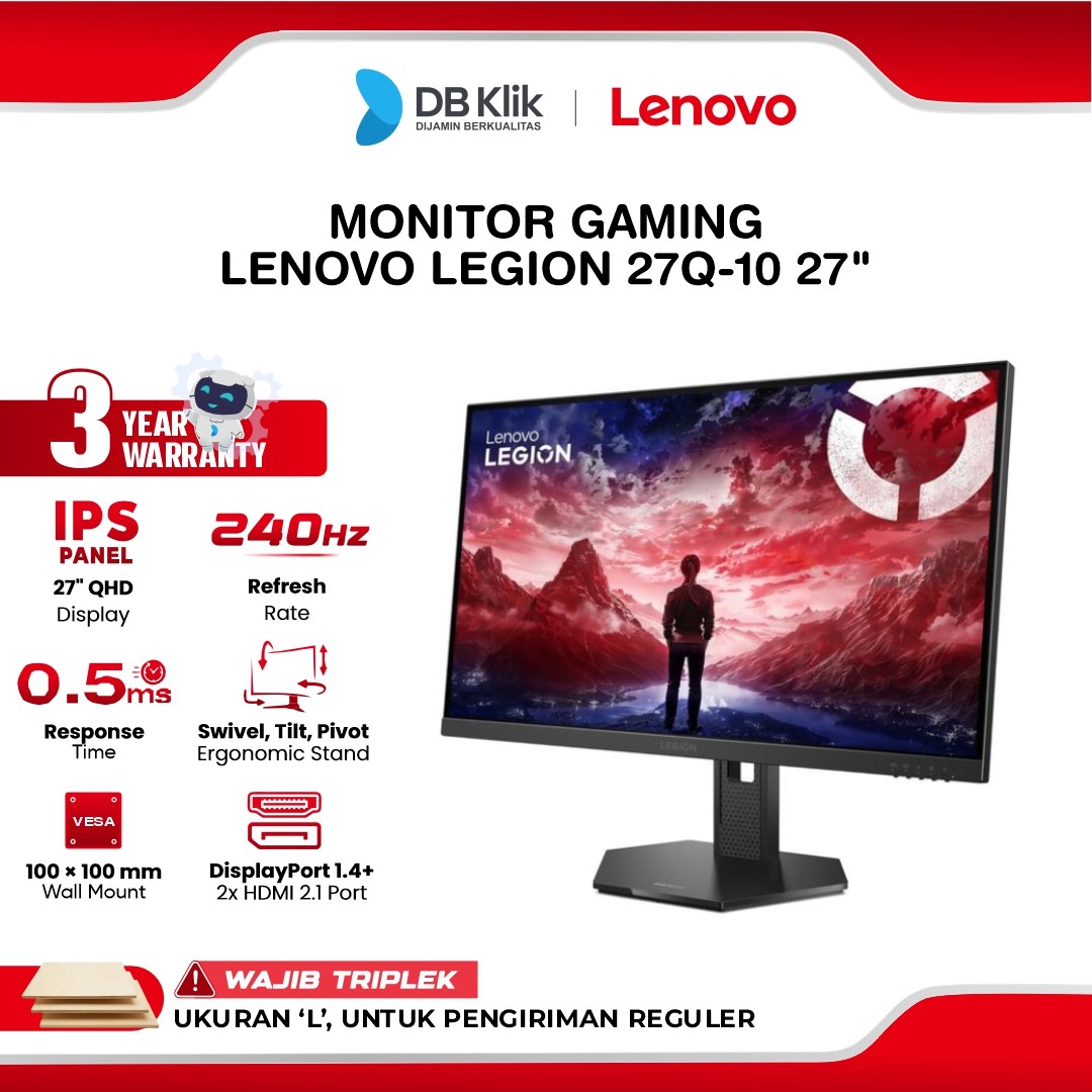 Lenovo Legion 27Q-10 Monitor Gaming 27" IPS 2K QHD 240Hz 0.5ms AMD FreeSync + NVIDIA G-Sync HDR10 Full Egonomic Stand HDMI DP