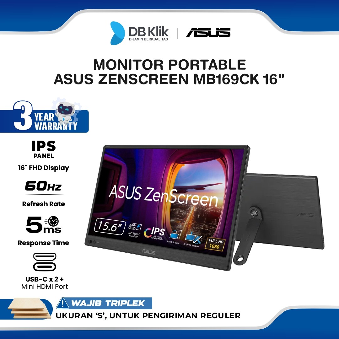 Monitor Portable ASUS ZenScreen MB169CK 16" FHD IPS 60Hz 5ms Mini HDMI USB-C
