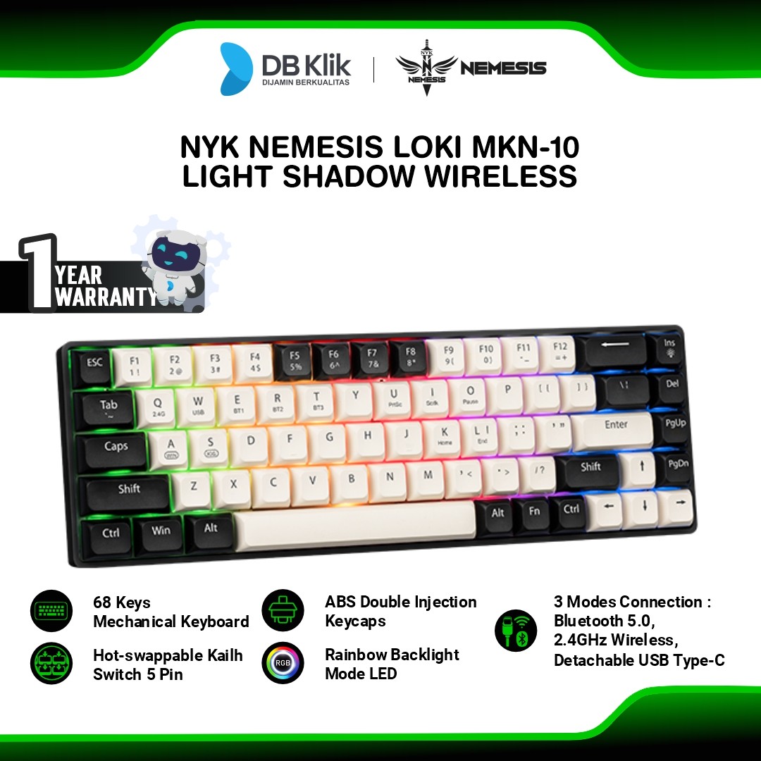 Keyboard Gaming Mechanical NYK NEMESIS LOKI MKN-10 Wireless RGB Rechargeable - Light Shadow
