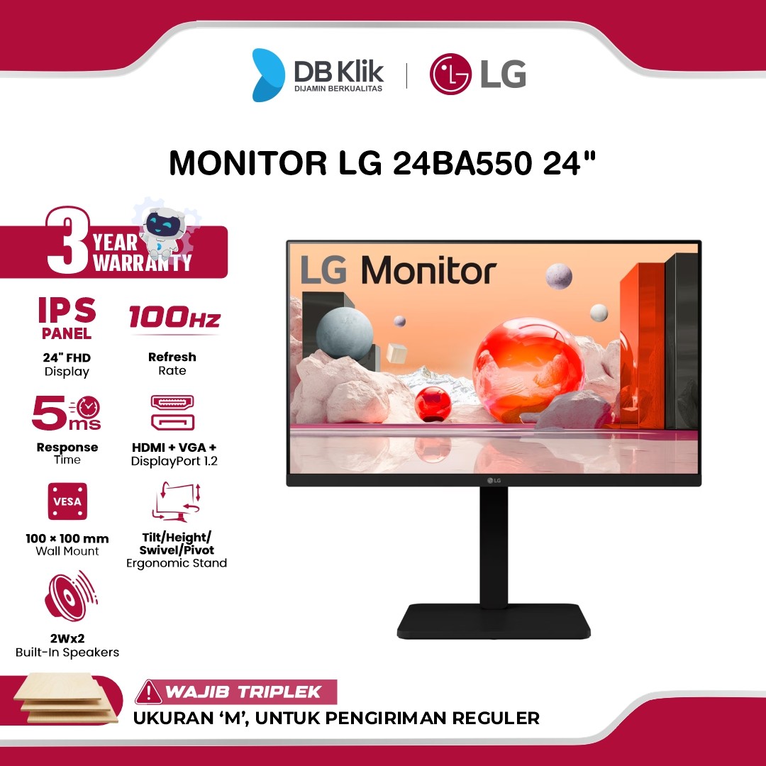 LG 24BA550 LED Monitor 24" IPS FHD 100Hz 5ms Dynamic Action Sync Built in Speaker Full Ergonomic HDMI VGA DP