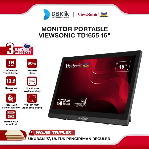 Monitor Portable VIEWSONIC TD1630-3 16" HD TN 60Hz 12ms Built in Speaker HDMI VGA USB type-B