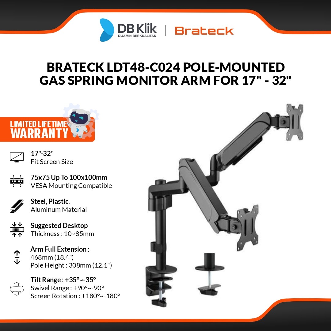 Brateck LDT48-C024 Bracket Monitor Dual Pole-Mounted Gas Spring Monitor Arm for 17" - 32"