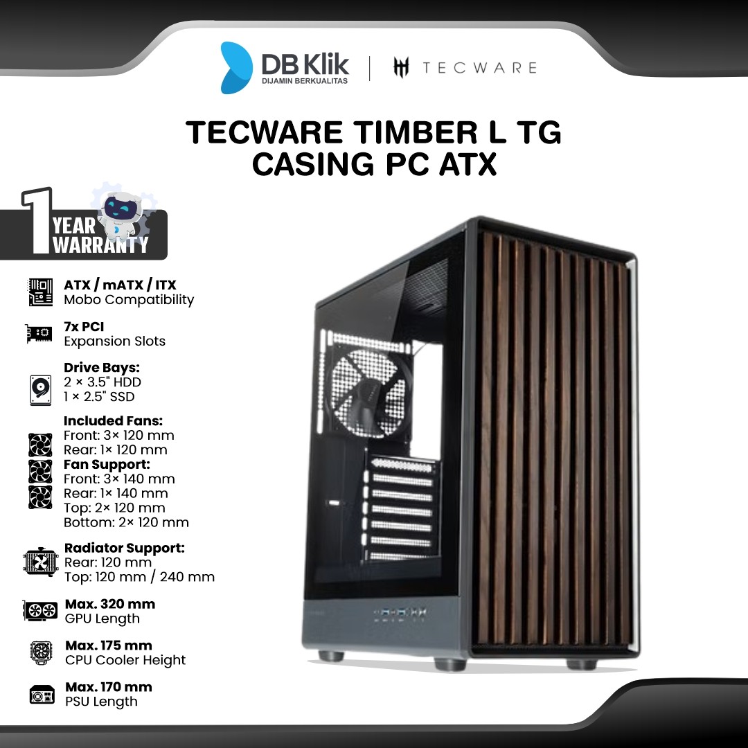 Tecware Timber L TG Casing PC ATX  Pre-Installed 4 Fan - Black