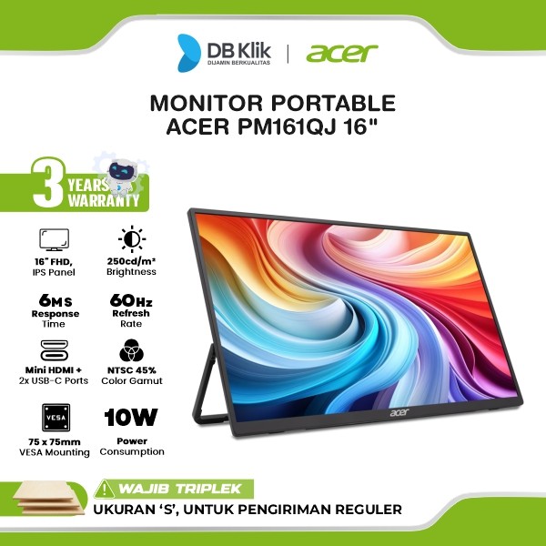 Monitor Portable ACER PM161QJ 16" FHD IPS 60Hz 6ms Built in Speaker Mini HDMI USB-C