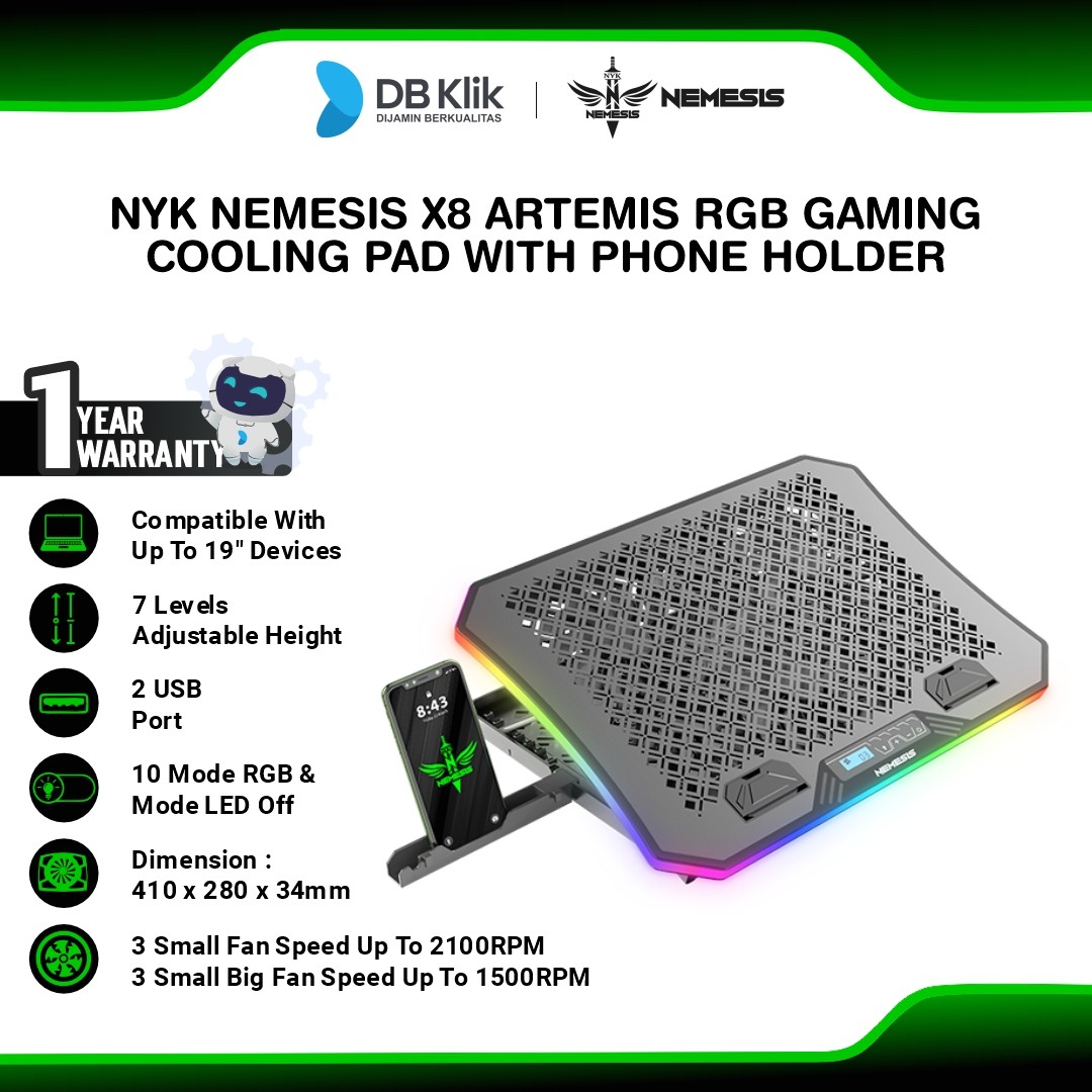 NYK Nemesis X8 Artemis RGB Gaming Cooling Pad with Phone Holder for 19"