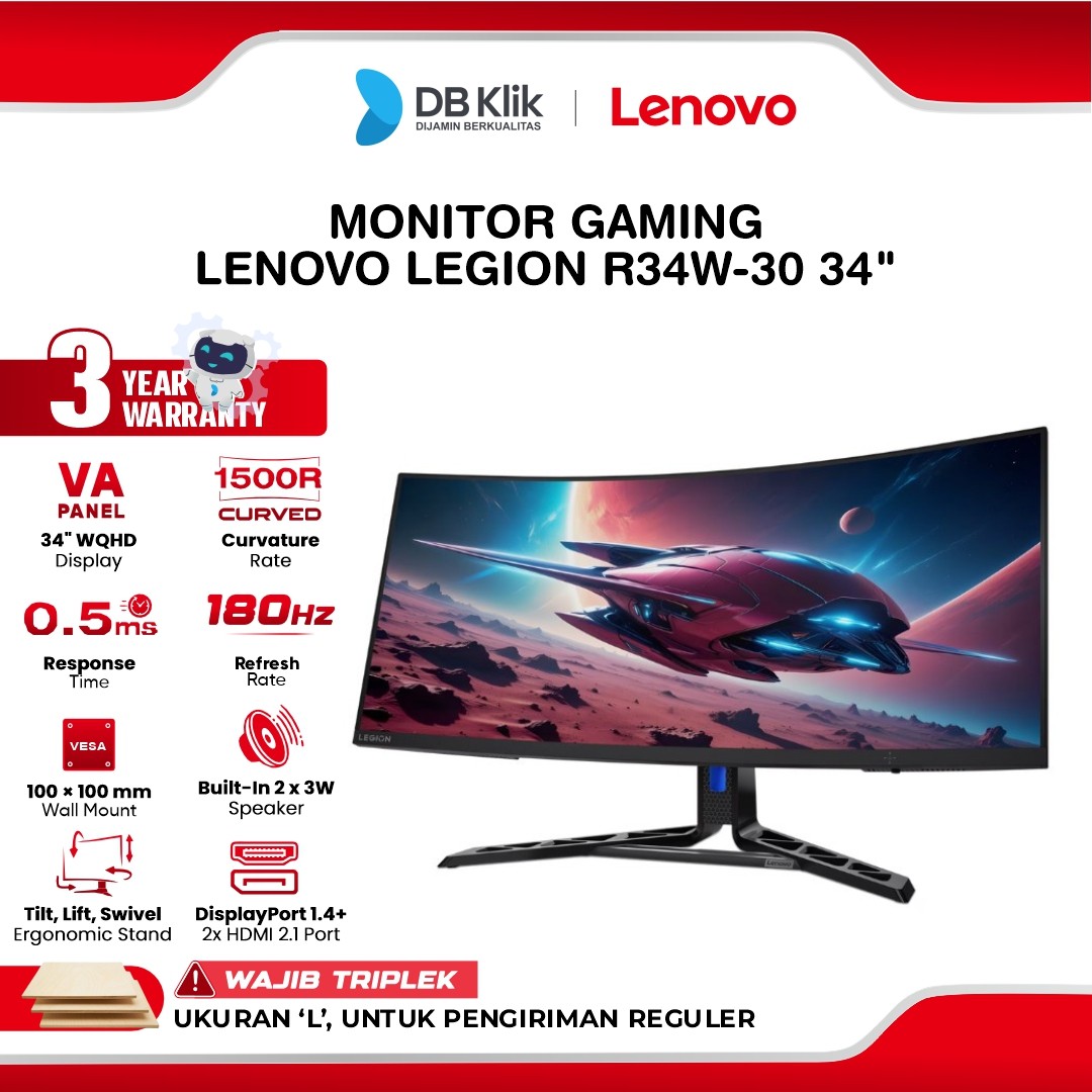 Monitor Gaming LENOVO Legion R34W-30 34" Curved 1500R 2K WQHD VA 180Hz 0.5ms AMD Free Sync Adaptive Sync Built in Speaker HDMI DP