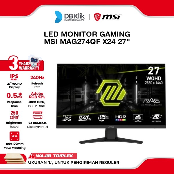 MSI MAG274QF X24 LED Monitor 27" Rapid-IPS 2K QHD 240Hz 0.5ms AMD FreeSync Premium HDR Ready AI Vision HDMI DP