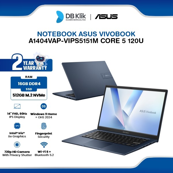Notebook ASUS Vivobook A1404VAP-VIPS5151M INTEL Core 5 120U 16GB DDR4/512GB M.2 NVMe INTEL Iris Xe Windows 11 Home + Microsoft Office Home Student 2024 14" IPS - Quiet Blue