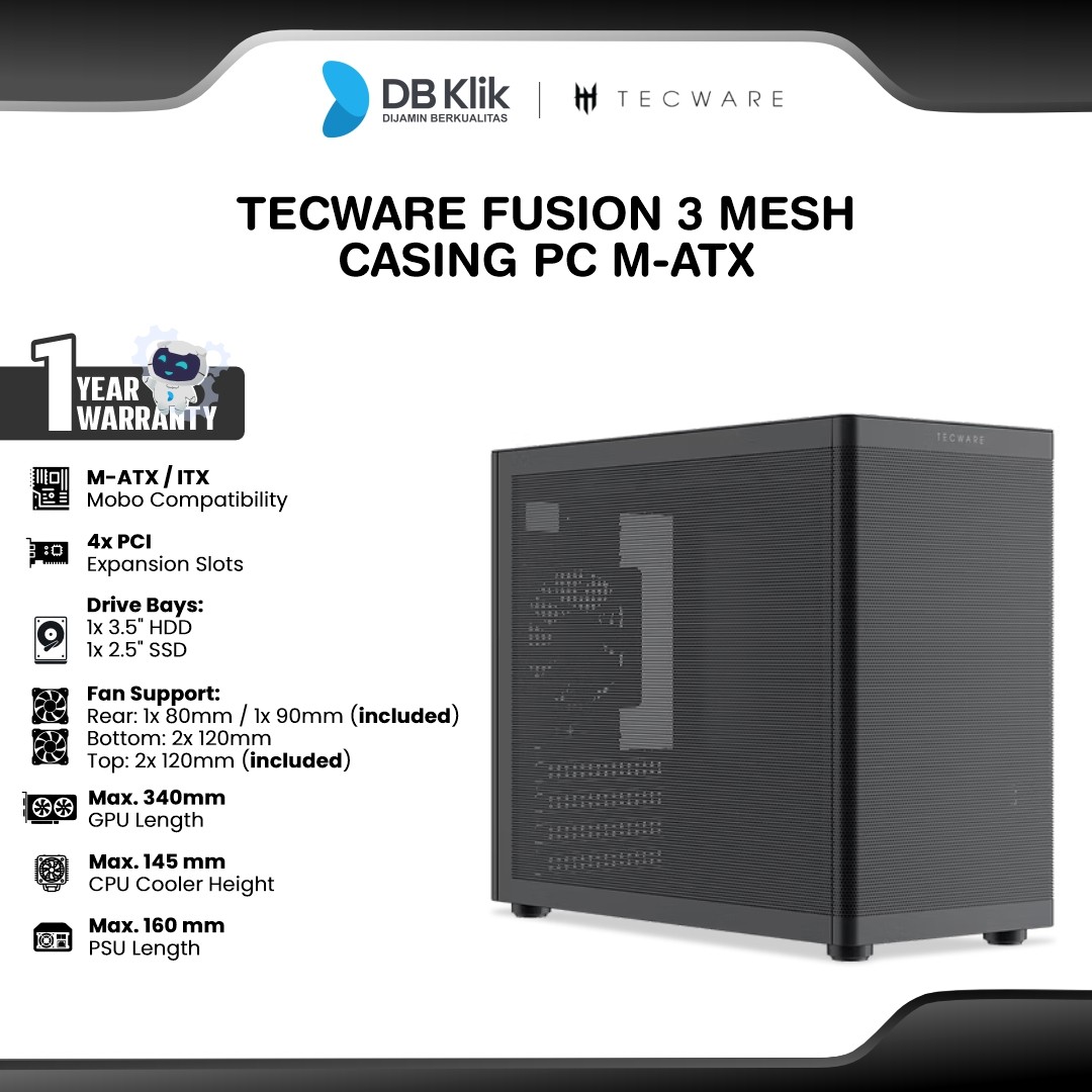 Tecware Fusion 3 Mesh Casing PC M-ATX Pre-Installed 3 Fan - Black