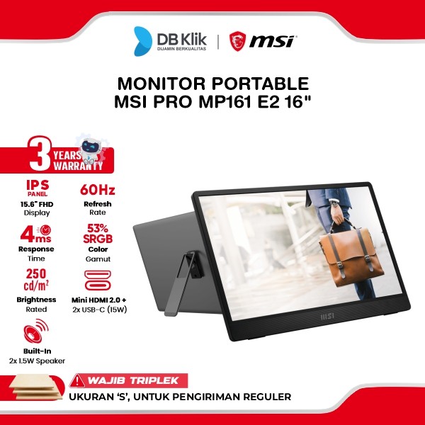 Monitor Portable MSI PRO MP161 E2 16" FHD IPS 60Hz 4ms Adaptive Sync Built in Speaker Mini HDMI USB-C