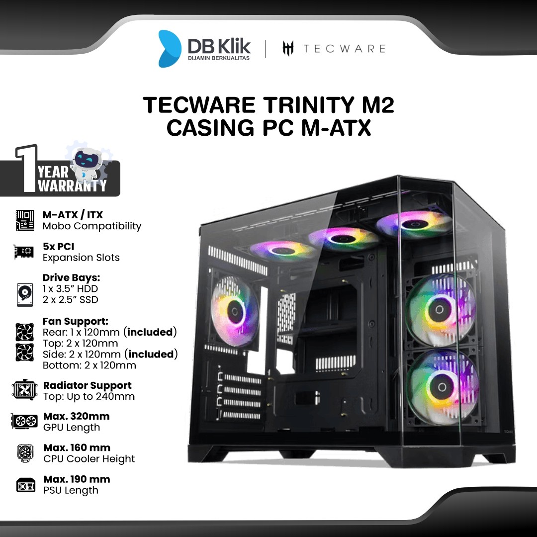Tecware Casing PC Trinity M2 M-ATX Pre-Installed 3 ARGB Fan - Black